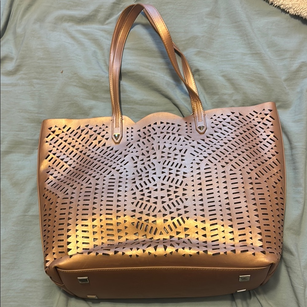 Stella & Dot Rose Gold Perforated Leather Tote with Intricate Detailing